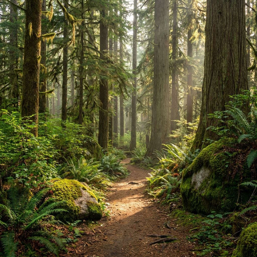 A serene forest path surrounded by tall trees and lush greenery.