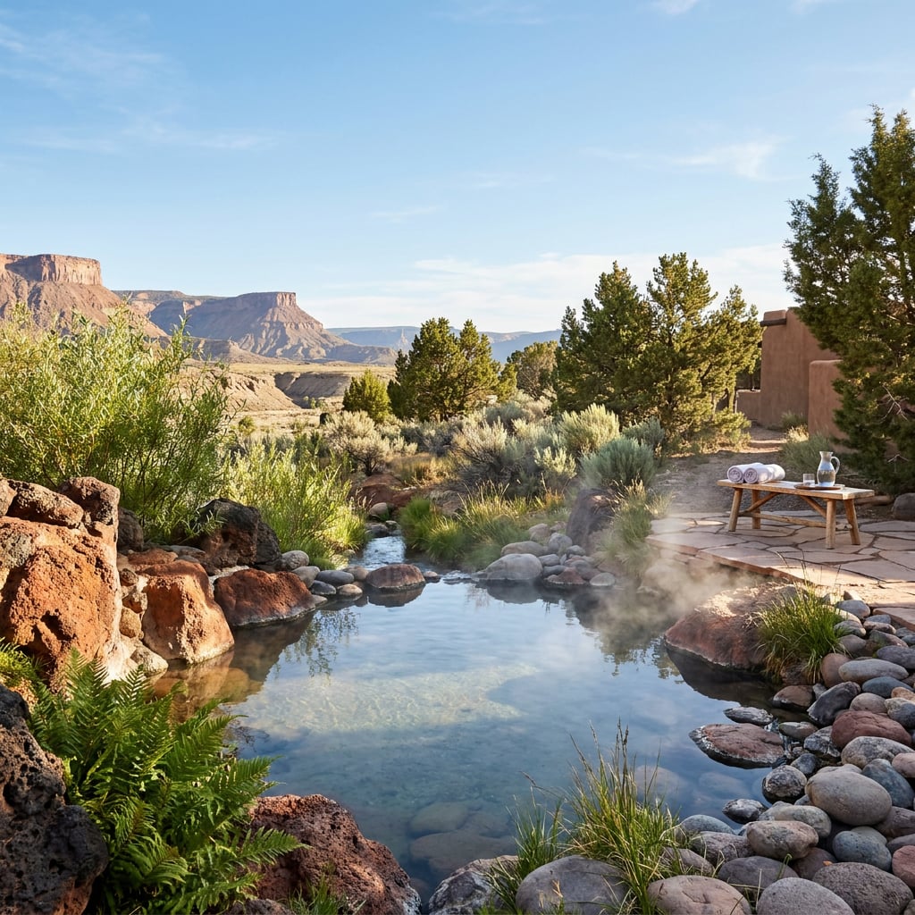 A serene hot spring surrounded by rocks and greenery with mountains in the background.