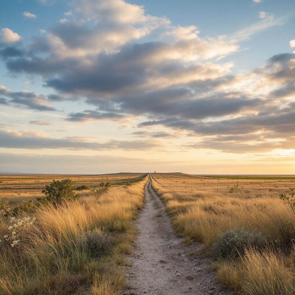 A dirt path leads through tall grass towards a distant horizon under a cloudy sky.