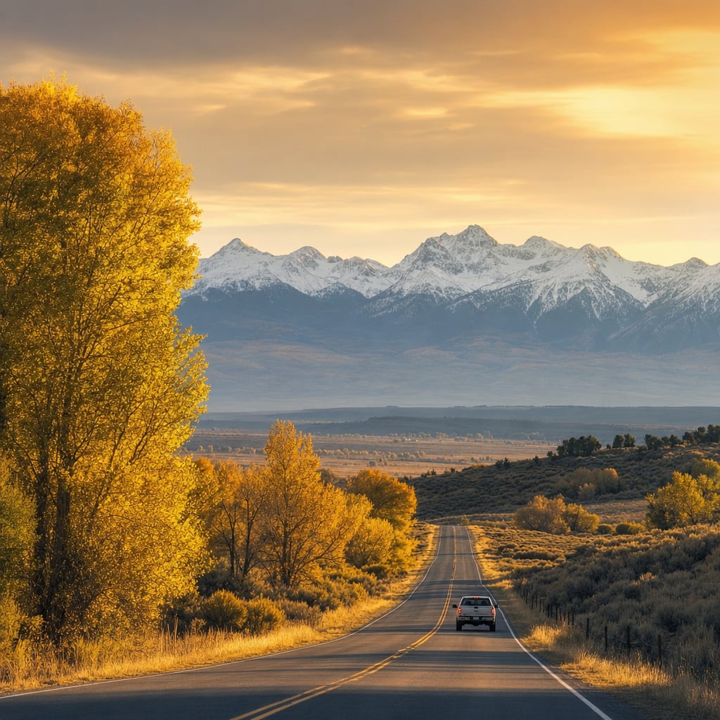A car drives along a winding road surrounded by autumn trees and snow-capped mountains.