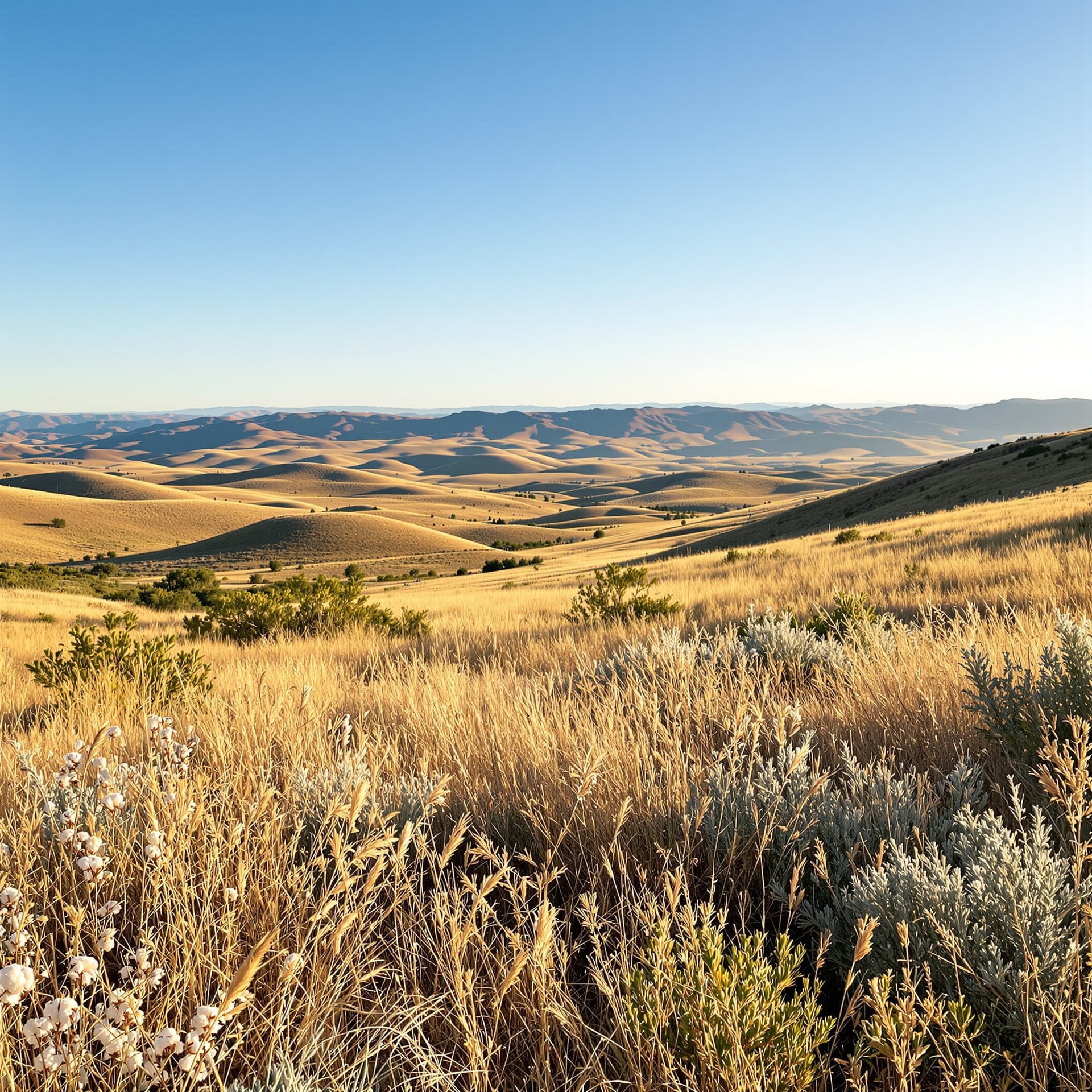 A vast landscape of rolling hills covered in golden grass under a clear blue sky.