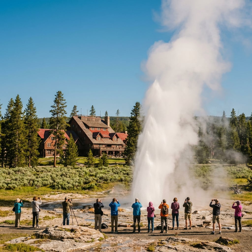 A group of people photographing a geyser erupting in a national park with a historic lodge in the background.