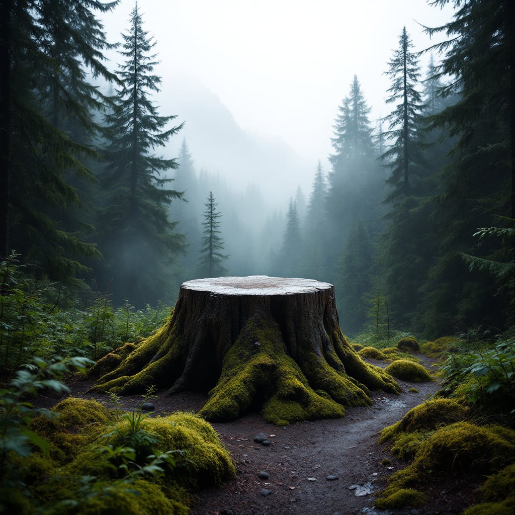 A large tree stump surrounded by lush green moss and tall evergreen trees in a misty forest.