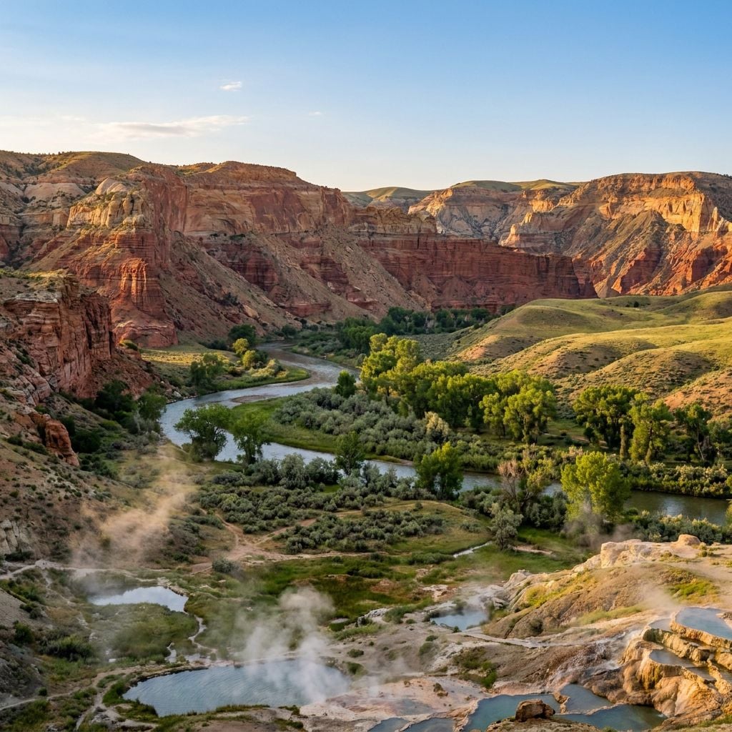 A scenic view of a river winding through a canyon with lush greenery and rocky cliffs.
