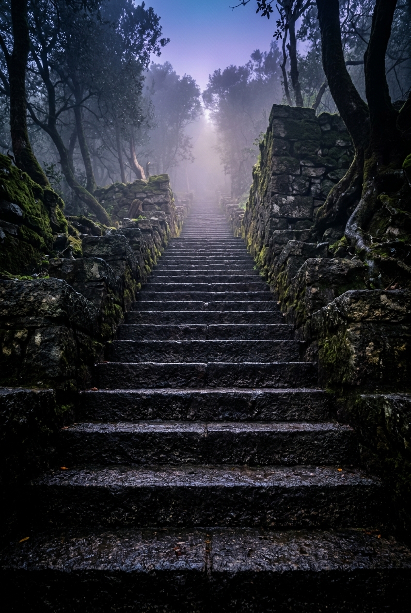 A misty stone staircase surrounded by trees.
