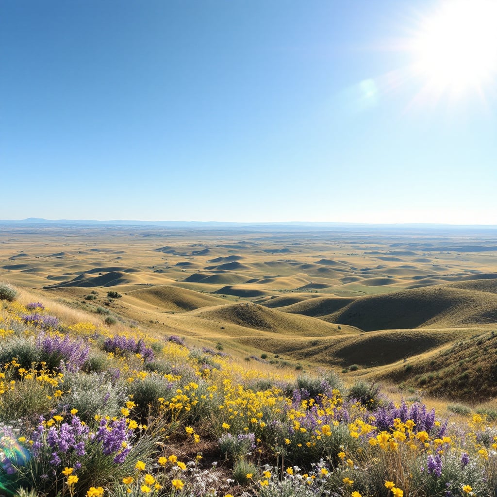 A scenic view of rolling hills covered with wildflowers under a clear blue sky.