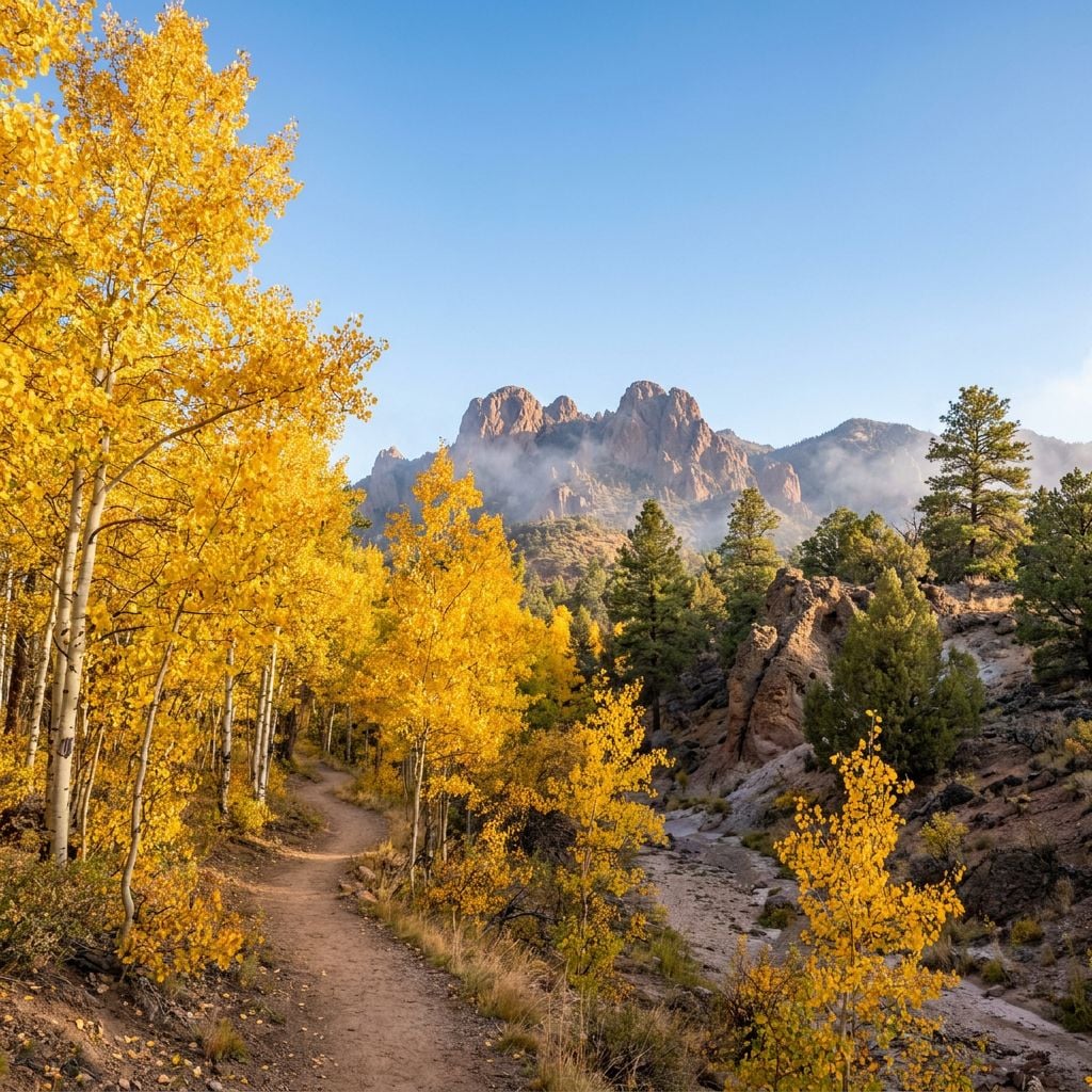 A scenic trail surrounded by vibrant yellow trees leading to rocky mountains in the background.