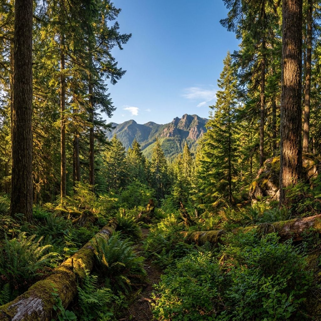 A scenic view of a forest with mountains in the background.