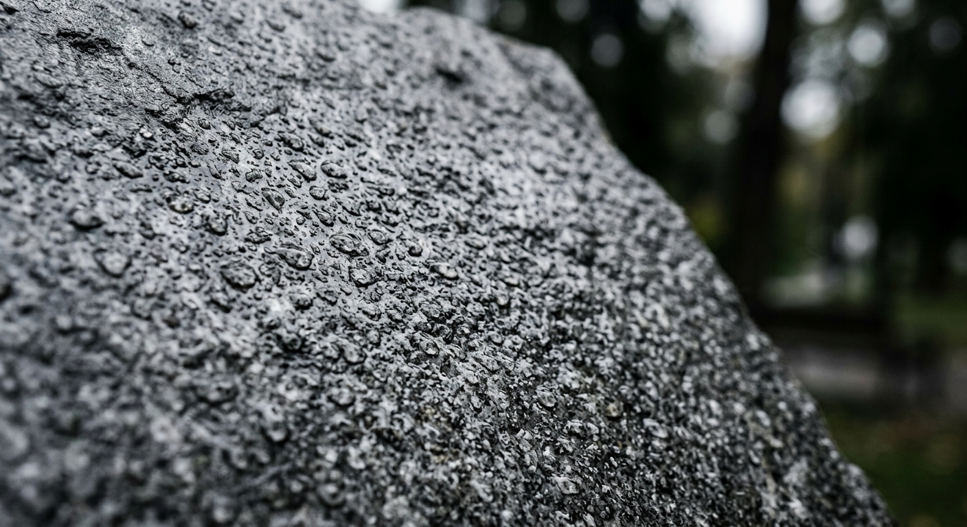 A close-up view of a wet rock surface with water droplets.