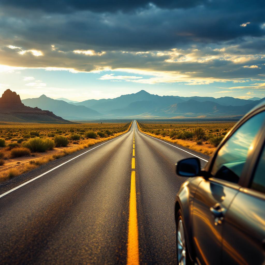 A long, empty road stretches towards distant mountains under a dramatic sky.