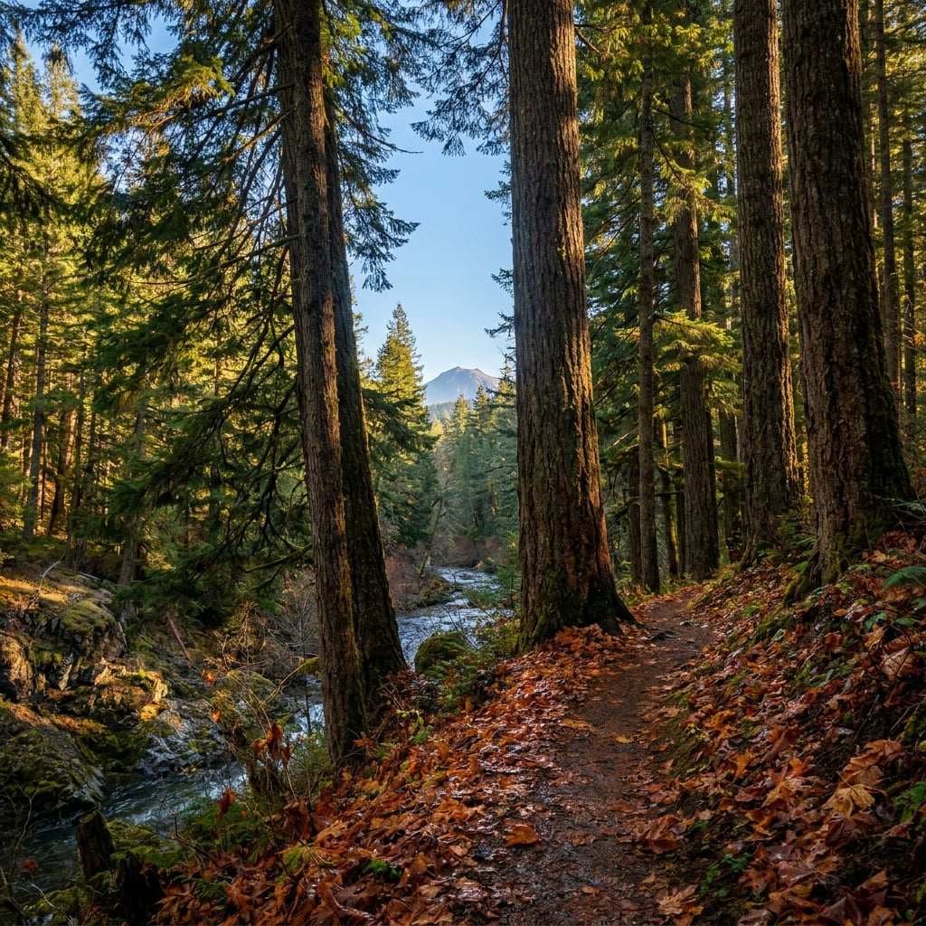 A forest path lined with trees and fallen leaves, leading to a mountain in the distance.
