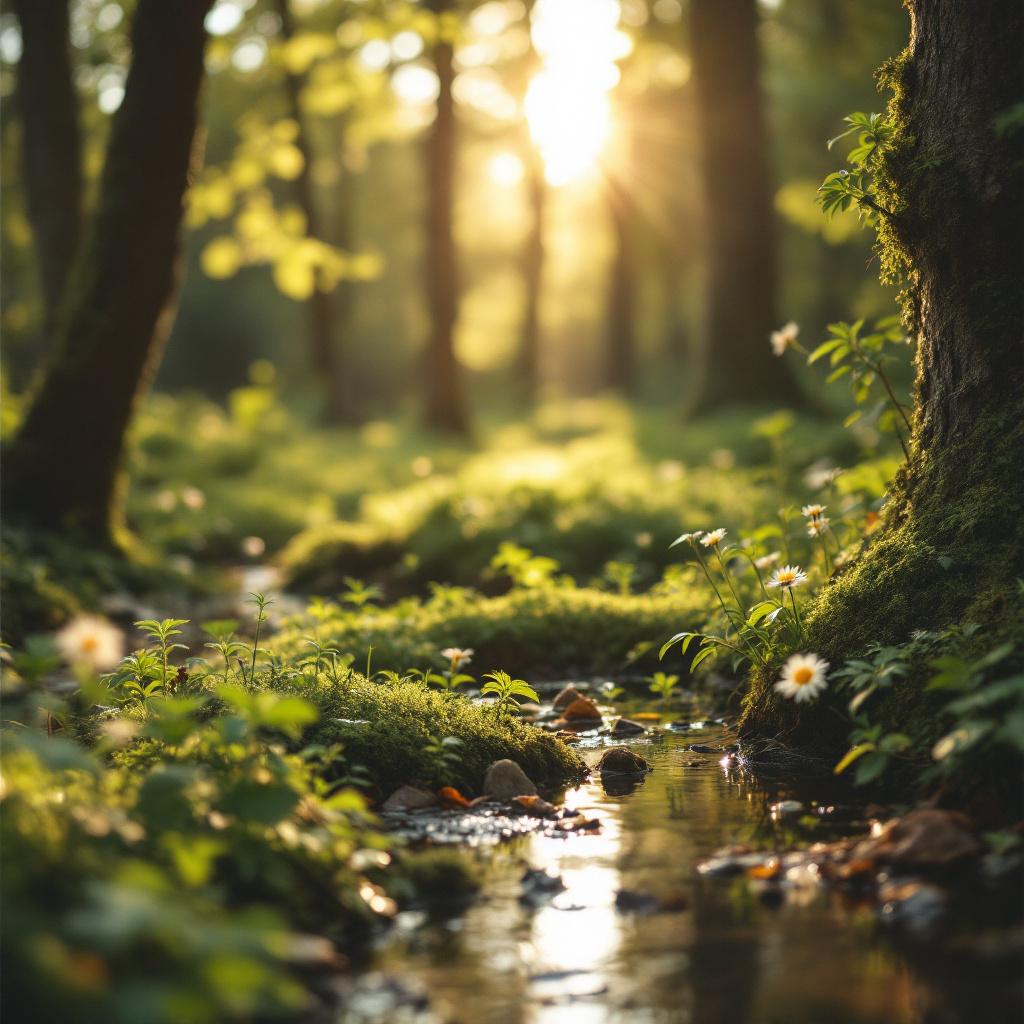 A serene forest scene with sunlight filtering through trees and a small stream flowing among moss and flowers.