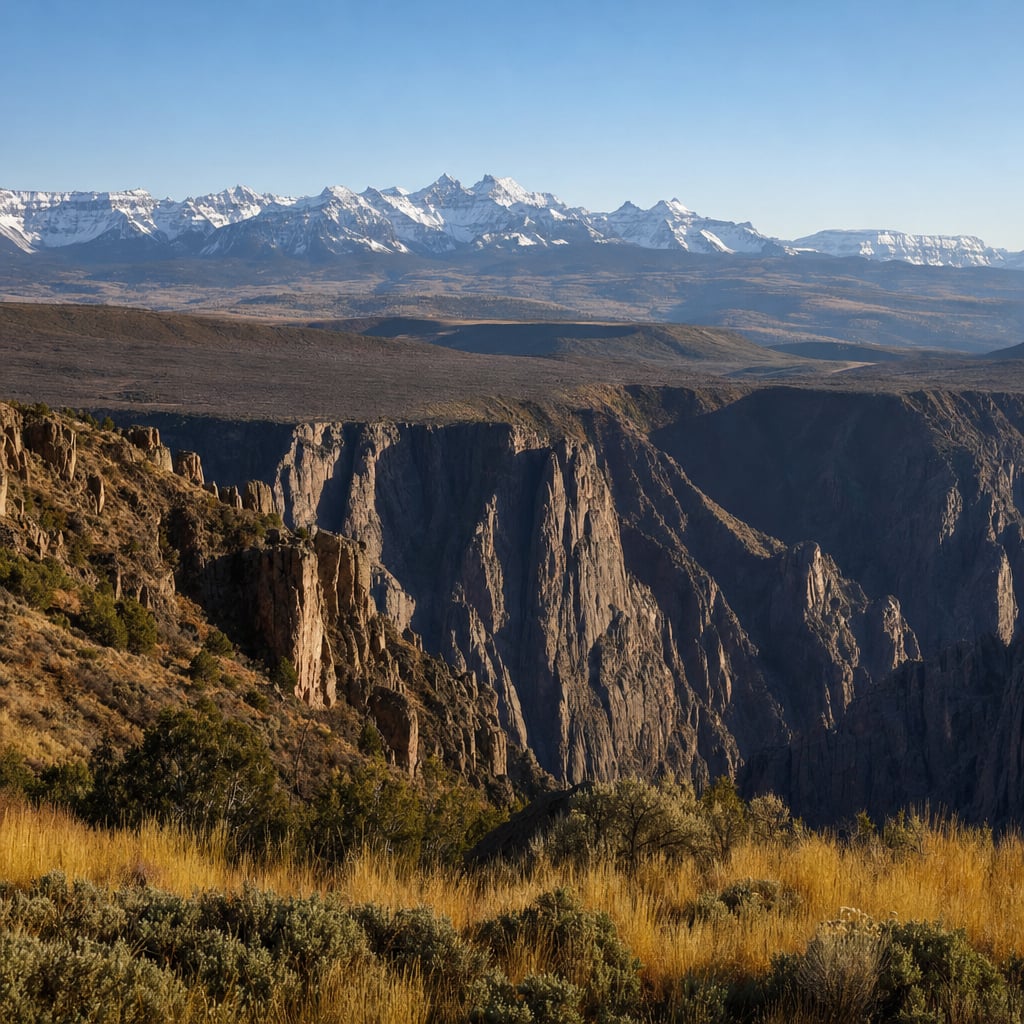A scenic view of a mountainous landscape with snow-capped peaks and rugged cliffs.