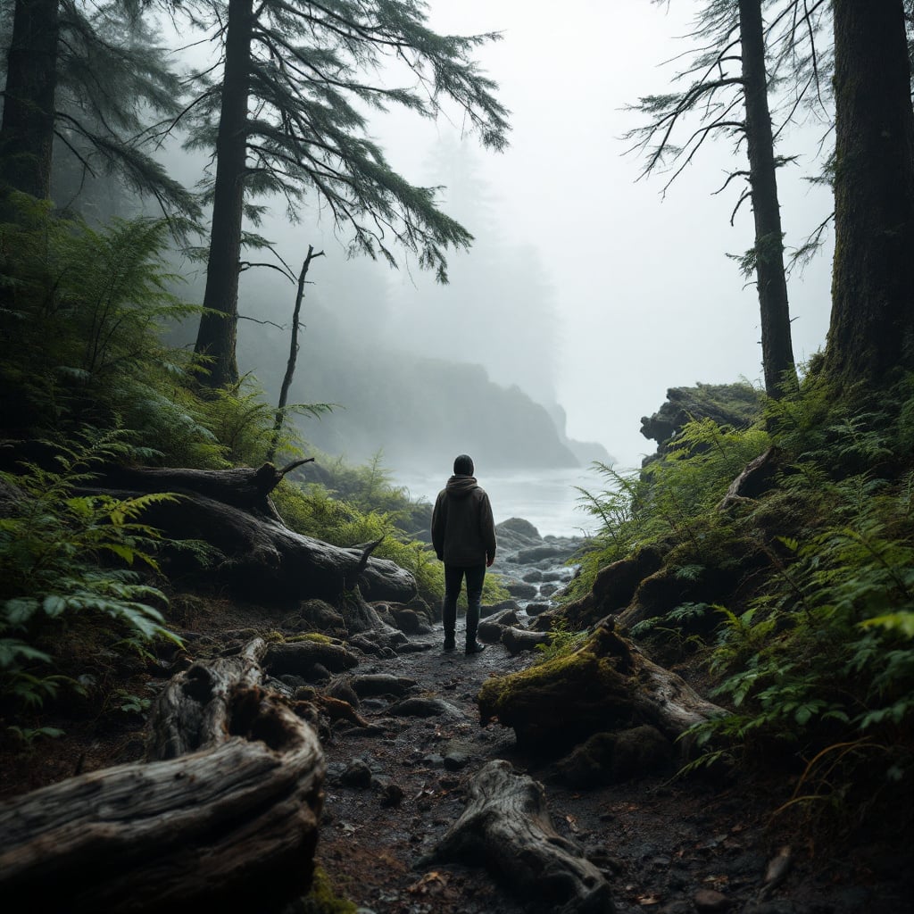 A person stands on a rocky path surrounded by lush greenery and fog in a forest.