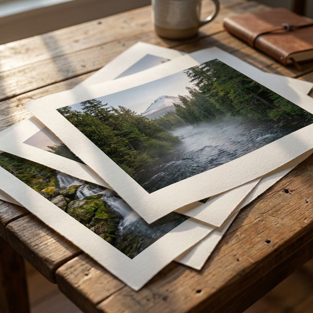 The image shows several printed photographs of a forested landscape with a river and mountains.