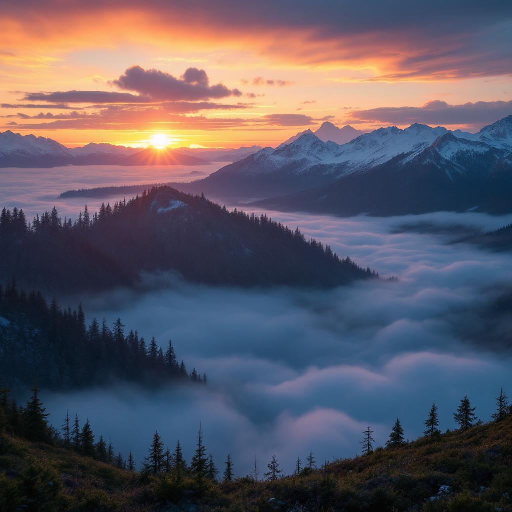 A breathtaking sunrise over a mountainous landscape with fog covering the valleys.