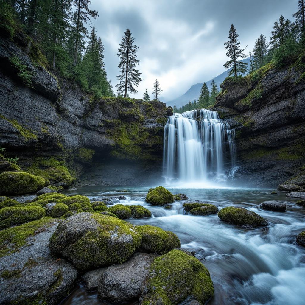 A serene waterfall cascading over moss-covered rocks surrounded by lush greenery.