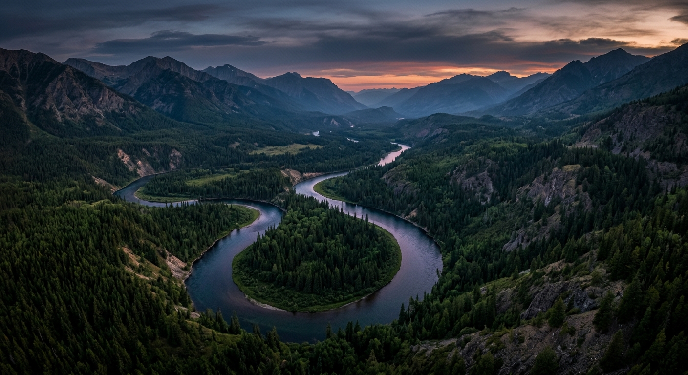 A scenic view of a winding river surrounded by mountains and forests at sunset.