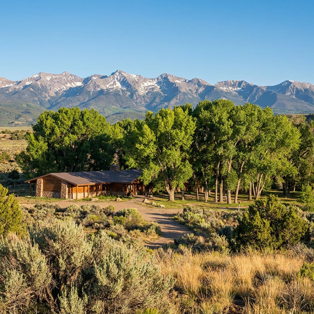 A rustic cabin surrounded by trees with mountains in the background.