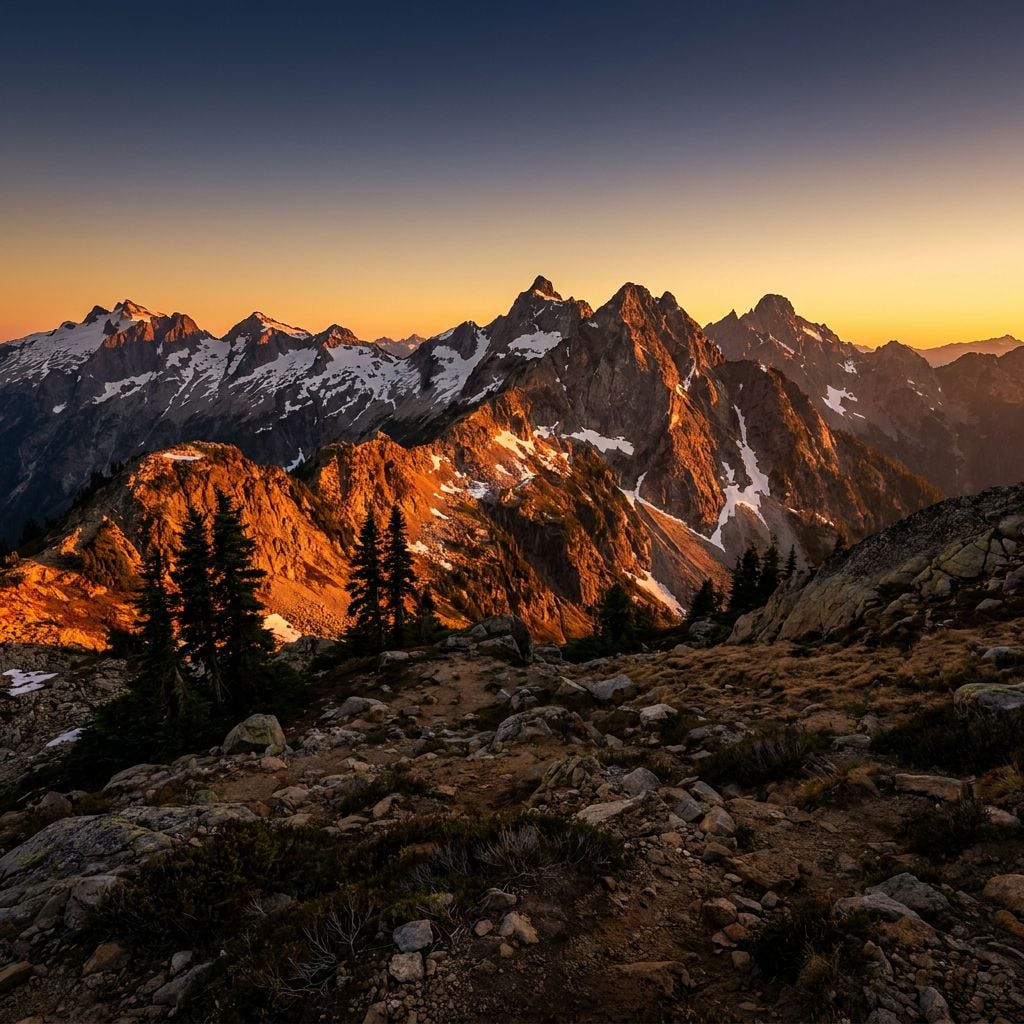 A scenic view of rugged mountains during sunset with snow-capped peaks.