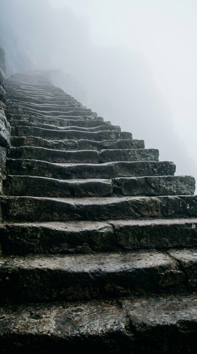 A set of ancient stone steps leading upwards into a foggy atmosphere.