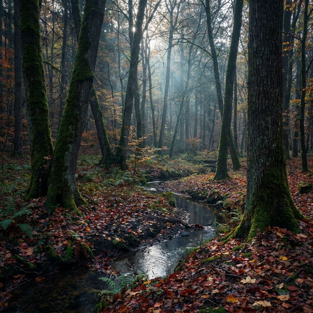 A serene forest scene with a small stream flowing through autumn foliage.