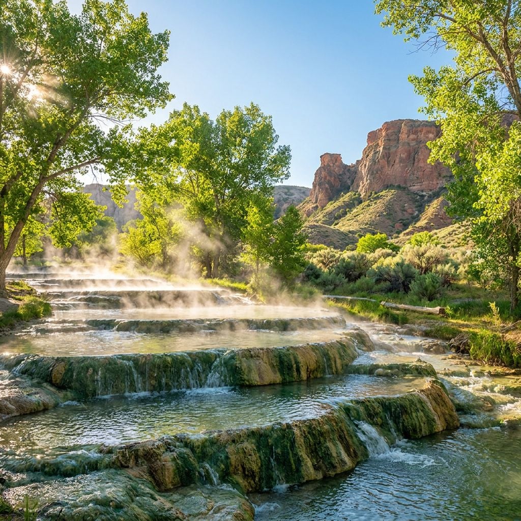 A serene landscape featuring cascading hot springs surrounded by lush greenery and rocky cliffs.