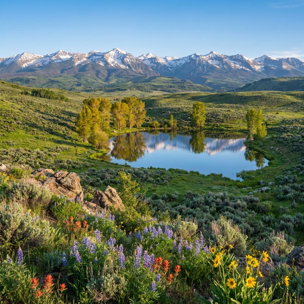 A scenic landscape featuring mountains, a pond, and colorful wildflowers in the foreground.