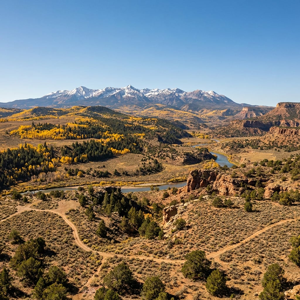 A scenic view of mountains with autumn foliage and a winding river in the foreground.