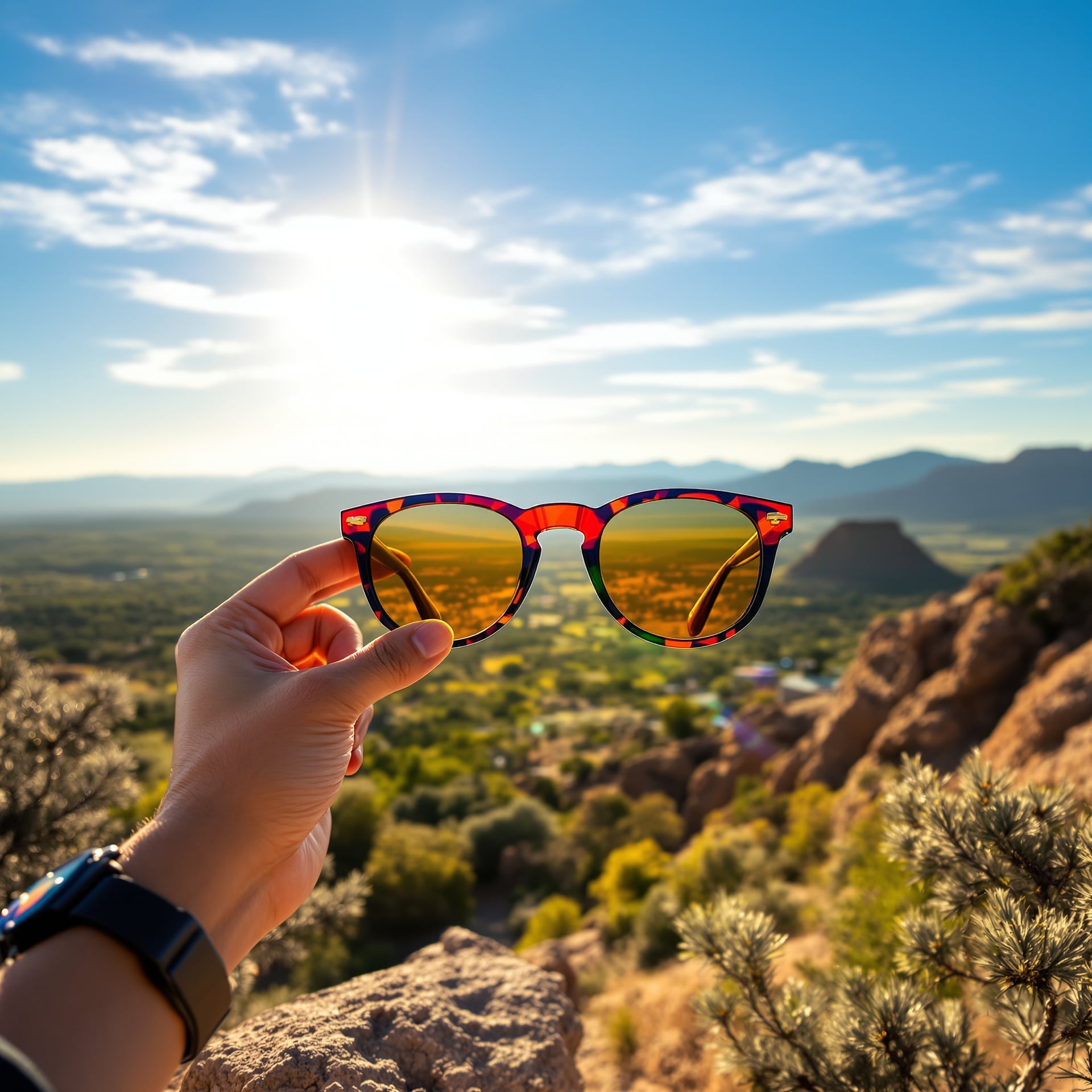A hand holding colorful sunglasses in front of a scenic mountain landscape during sunset.