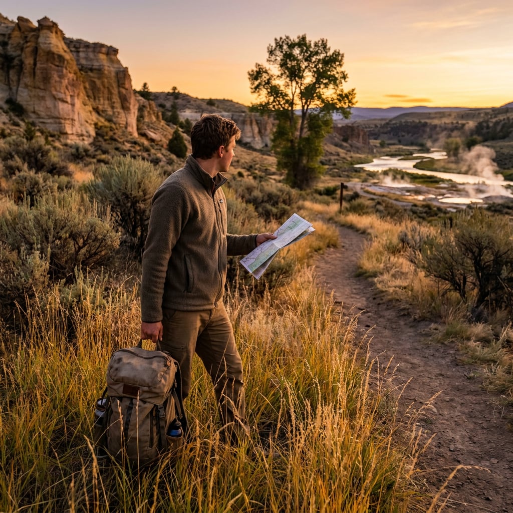 A hiker stands on a trail holding a map with a scenic landscape in the background.