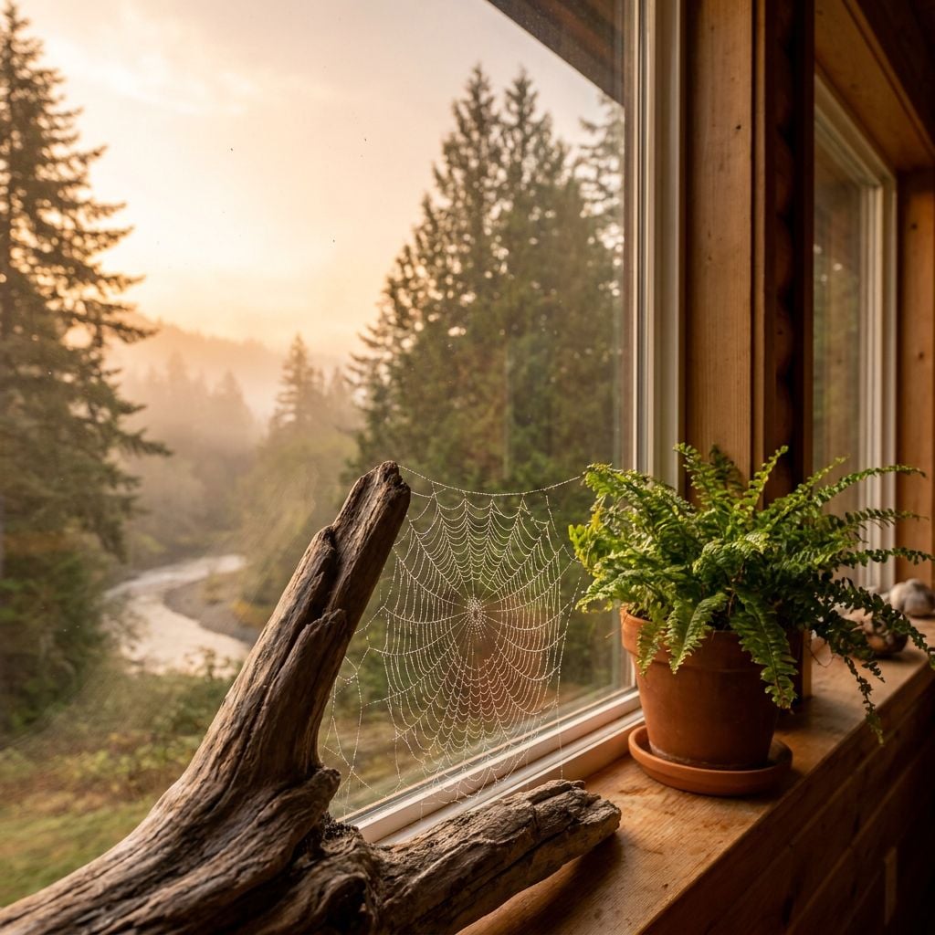 A view from a wooden window showing a spider web, a potted fern, and a misty forest landscape with a river.