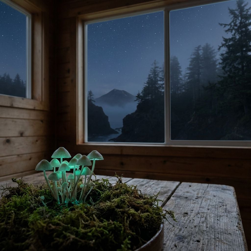 A group of glowing mushrooms on a wooden table inside a cabin with a view of a starry night and forested landscape through the window.