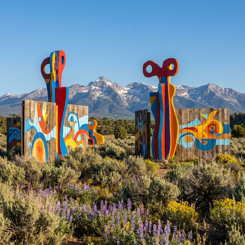 Colorful sculptures are set against a backdrop of mountains and wildflowers.