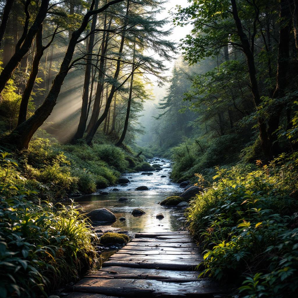 A serene forest scene with a stream flowing through it, illuminated by rays of sunlight.