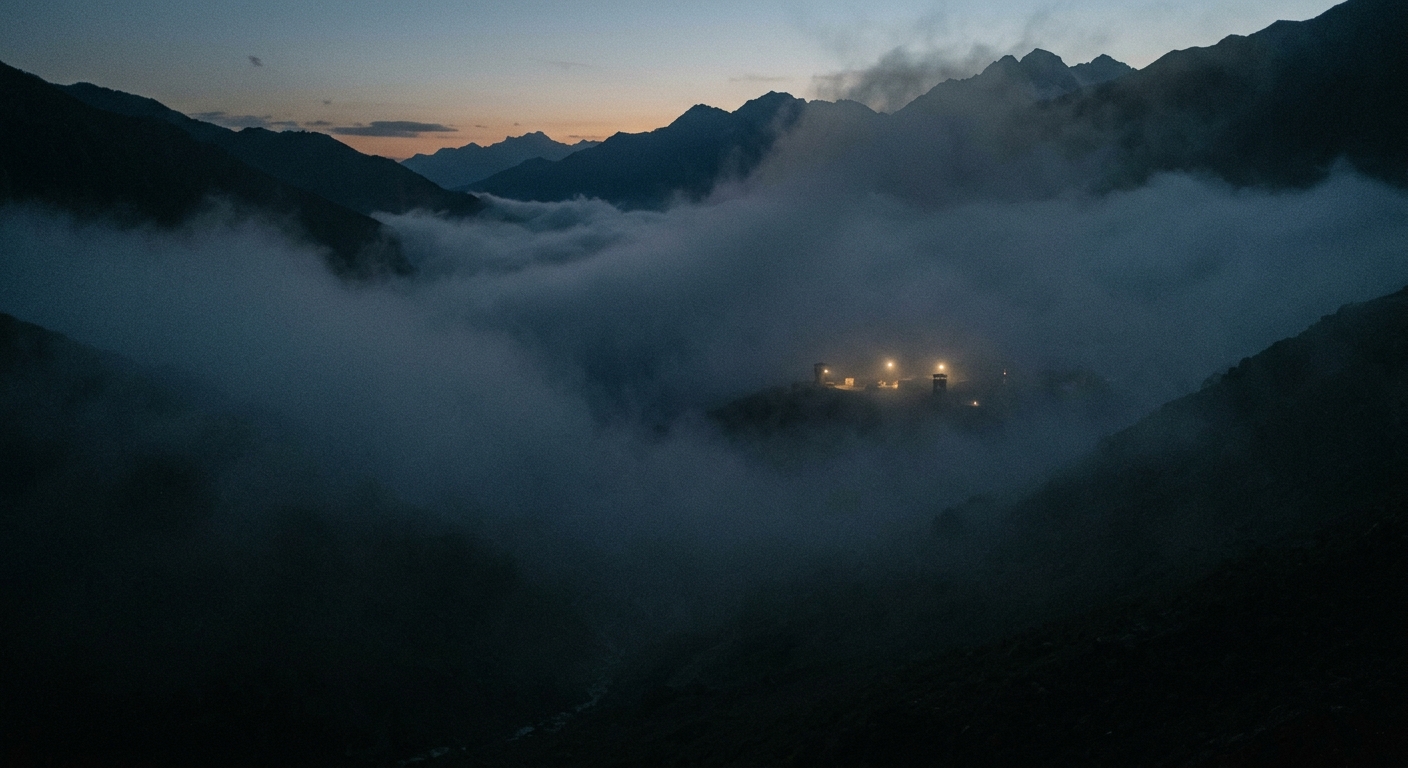 A mountainous landscape shrouded in fog at dusk with lights visible in the distance.
