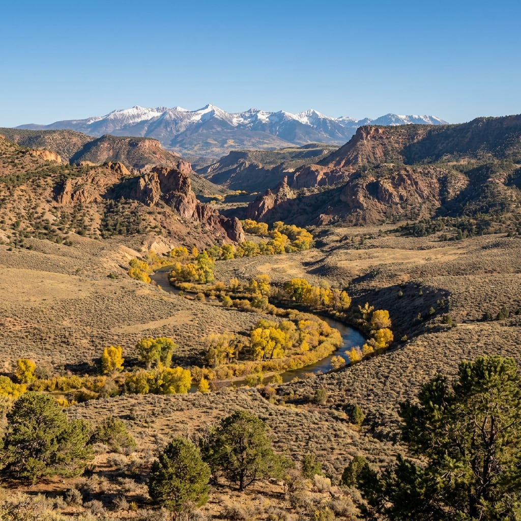 A scenic view of a river winding through a mountainous landscape with autumn foliage.
