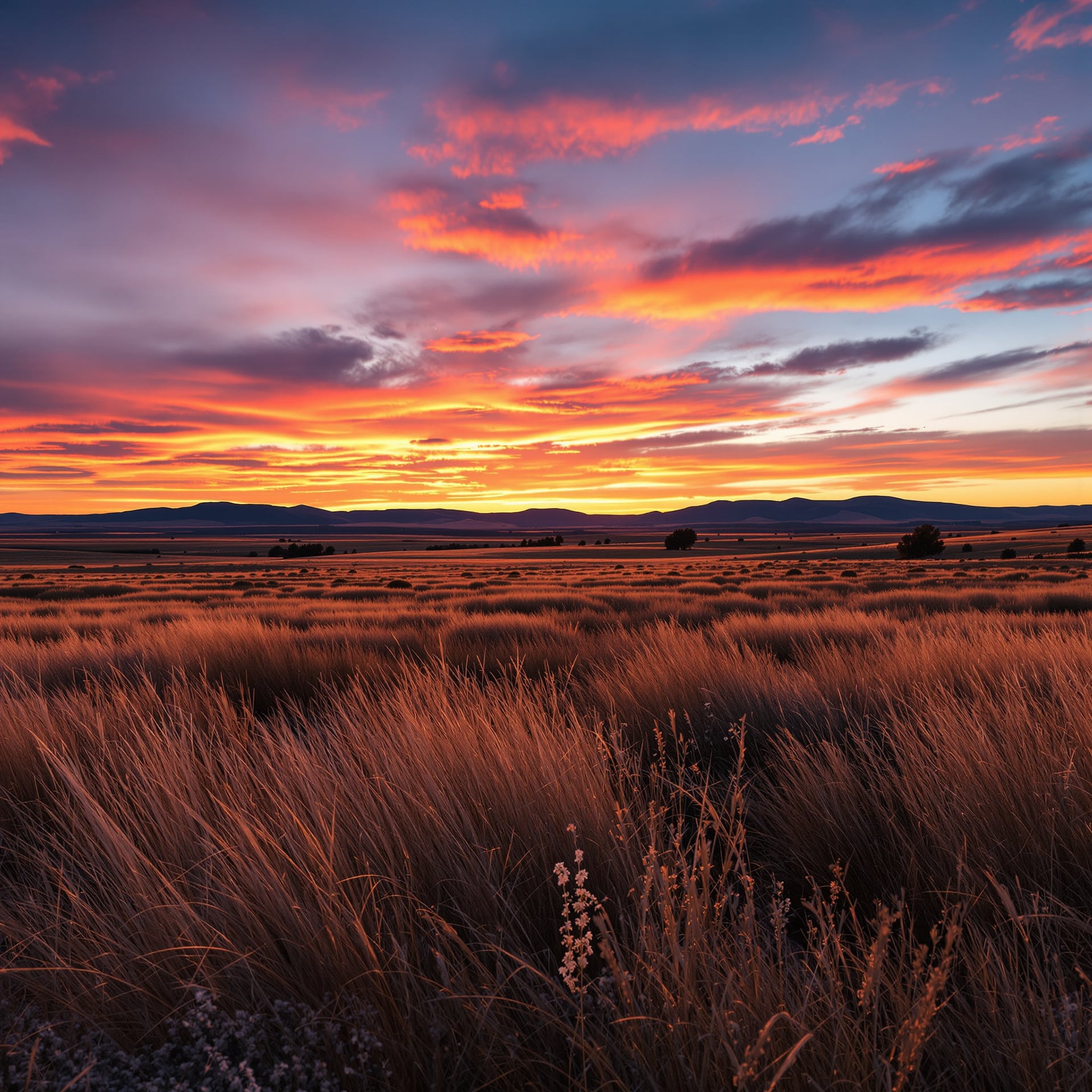 A vibrant sunset over a grassy landscape with distant mountains.