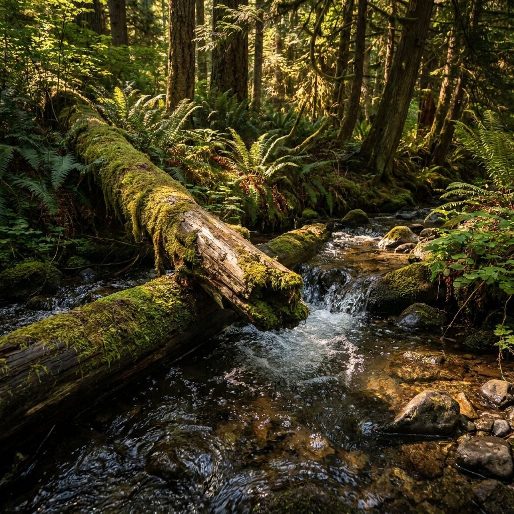 A serene forest scene featuring a moss-covered log over a flowing stream.