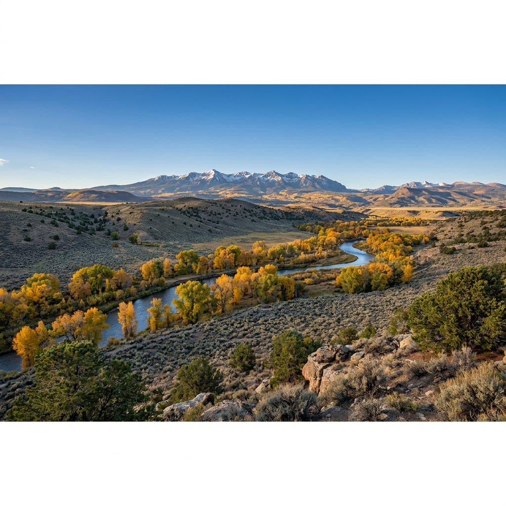 A scenic view of a winding river surrounded by autumn-colored trees and mountains in the background.