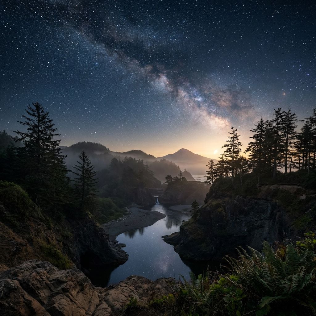 A scenic view of a river flowing through a forested landscape under a starry night sky with the Milky Way visible.