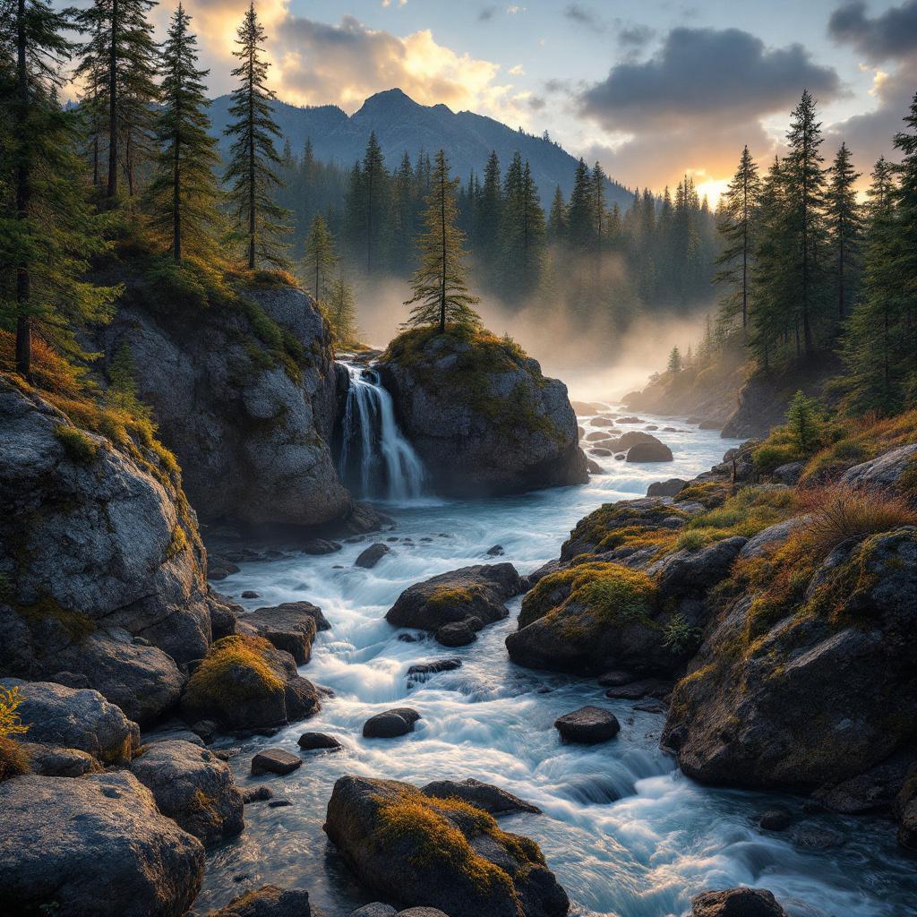 A serene landscape featuring a river flowing through rocky terrain with pine trees and a misty background.