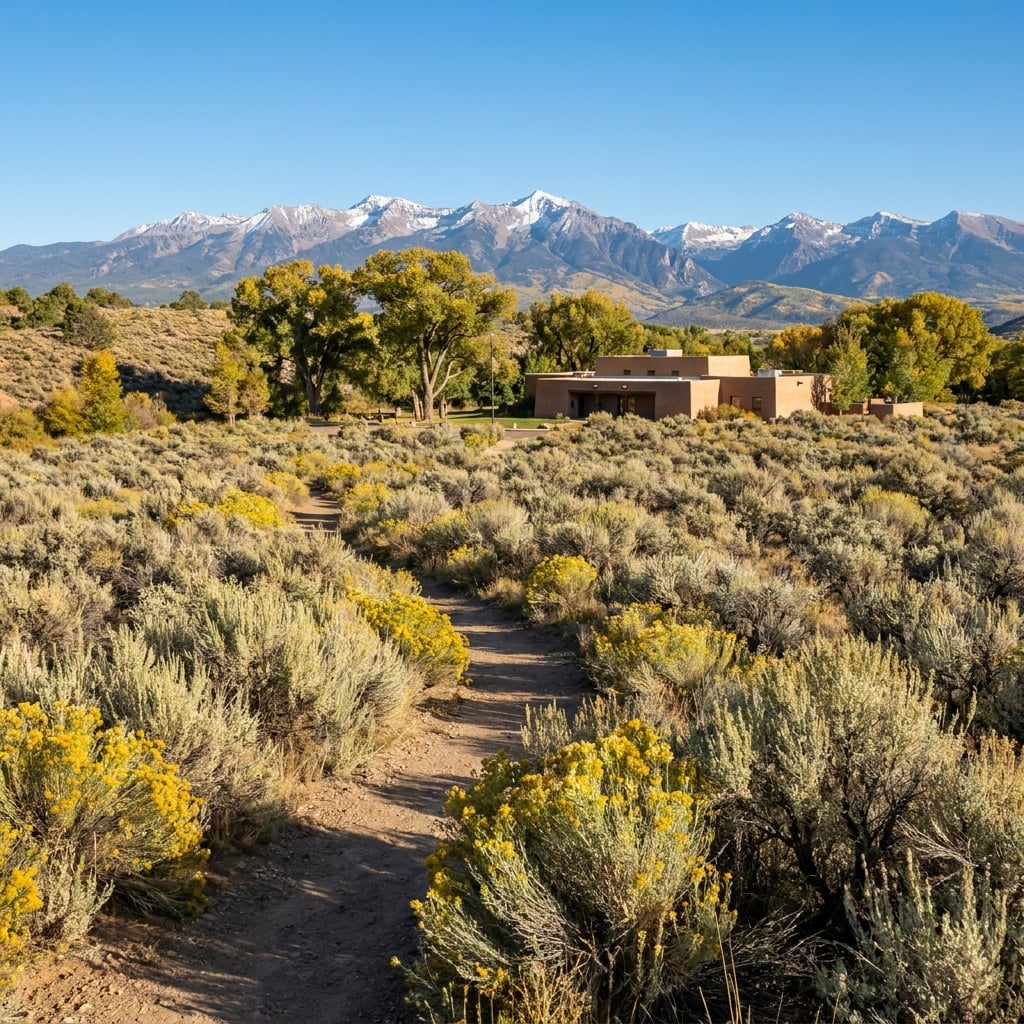 A path leads through a field of shrubs towards a house with mountains in the background.