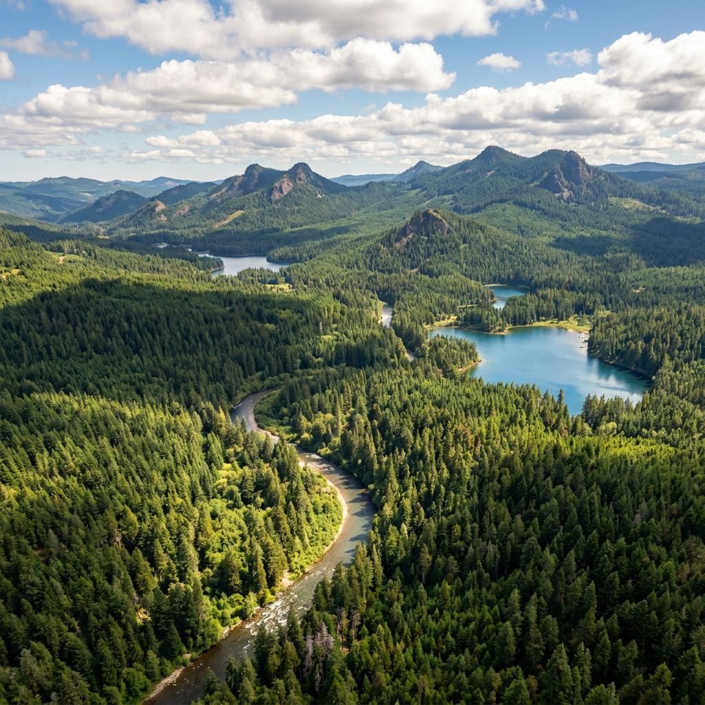 Aerial view of a lush green landscape with mountains and lakes.
