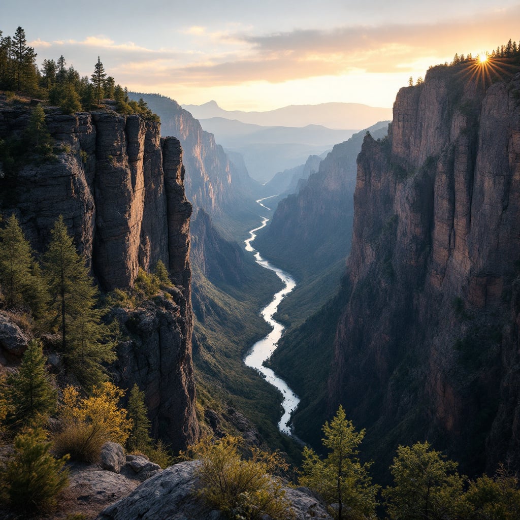 A scenic view of a winding river surrounded by steep cliffs and mountains during sunset.