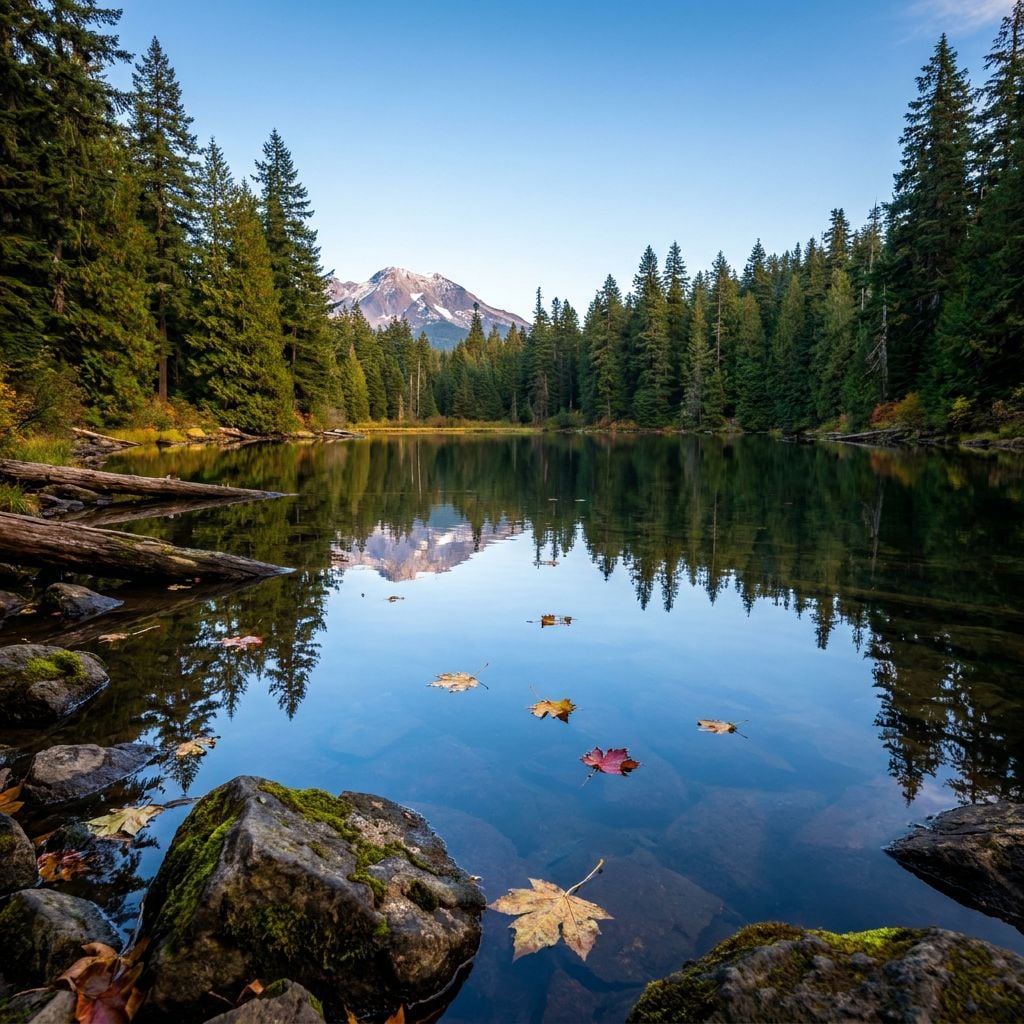 A serene lake surrounded by evergreen trees with a mountain in the background.