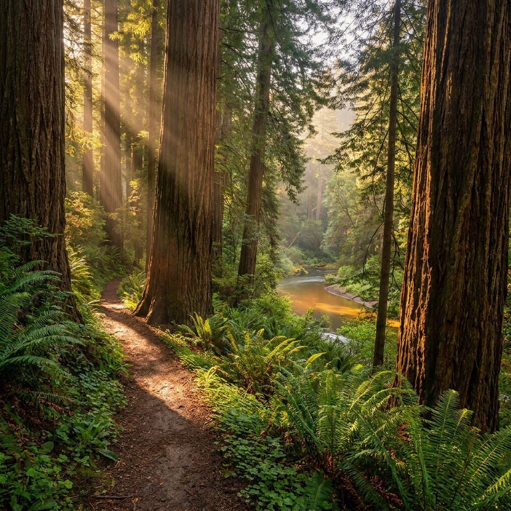 A serene forest scene with tall trees and a winding path leading to a river.