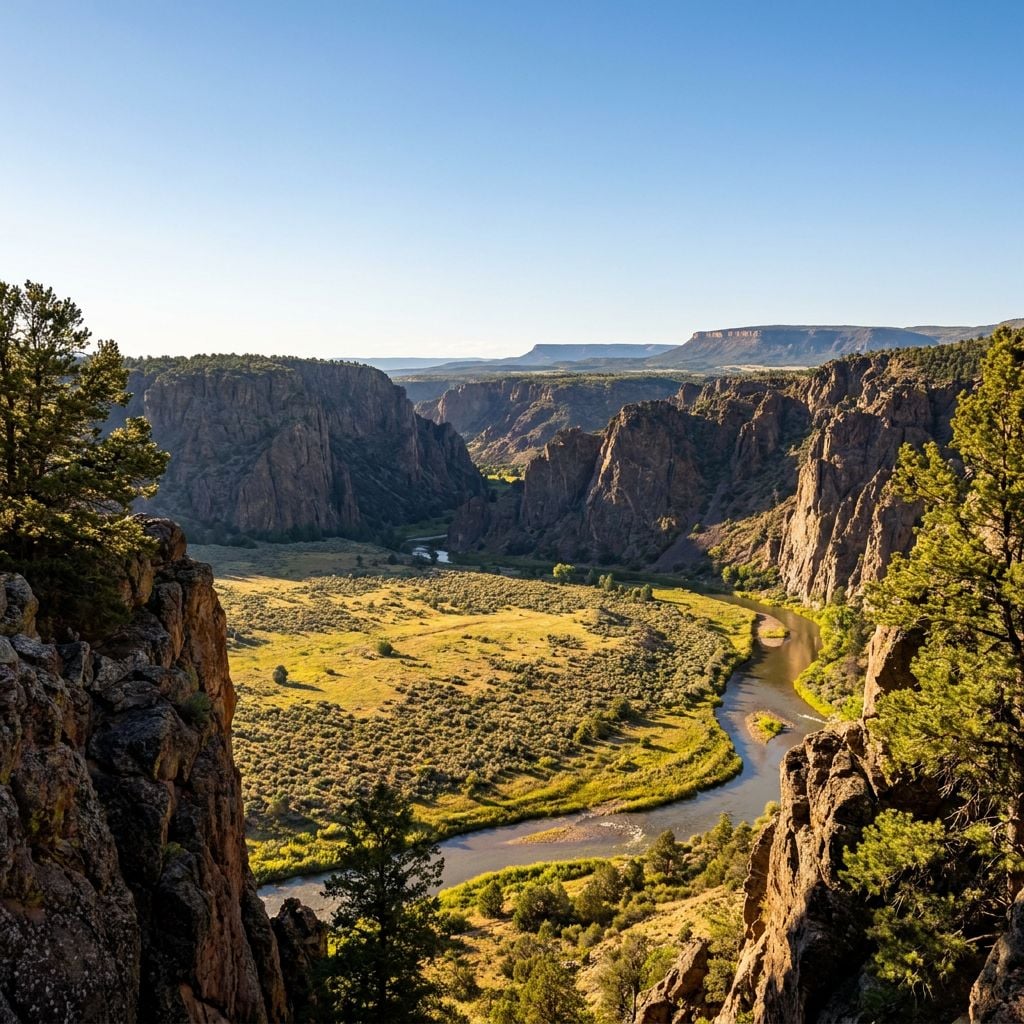 A scenic view of a river winding through a canyon surrounded by rocky cliffs and greenery.