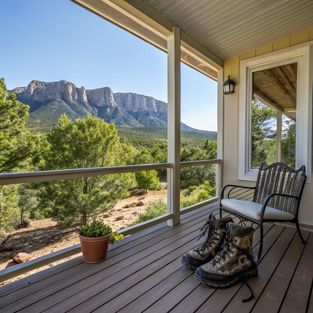 A pair of hiking boots sits on a porch overlooking a mountainous landscape.