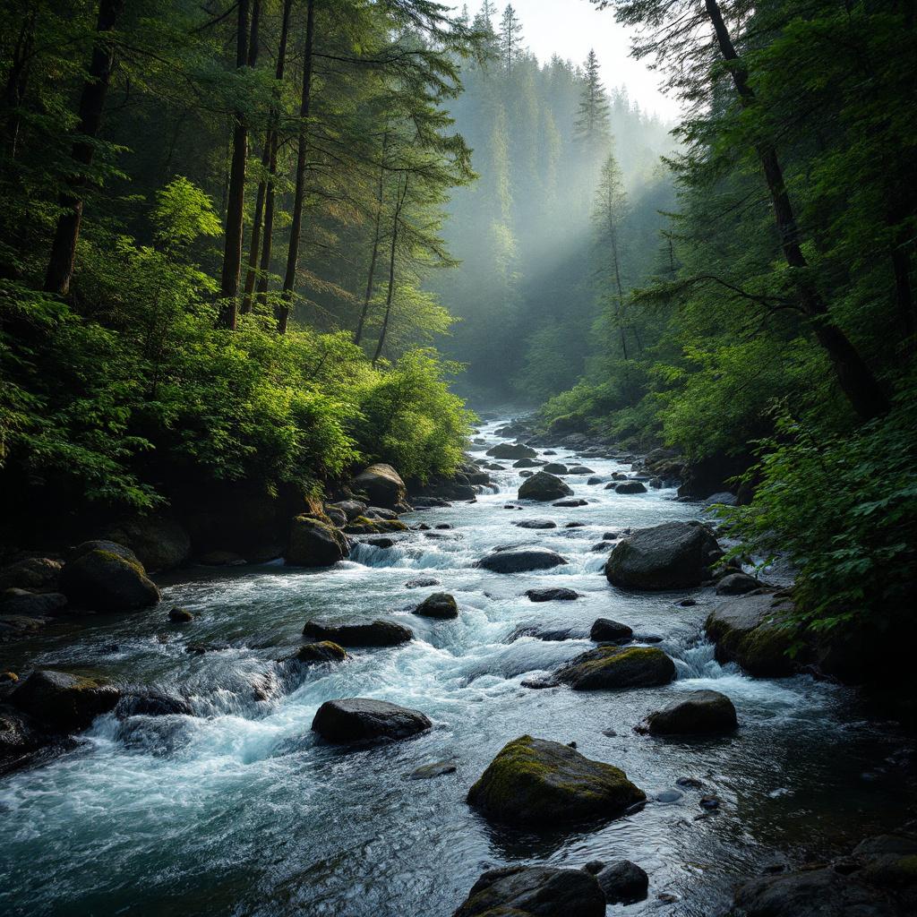 A serene river flows through a lush green forest with mist rising in the background.